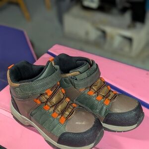 Kids Waterproof Hiking Boots - Olive Green with Orange Accents